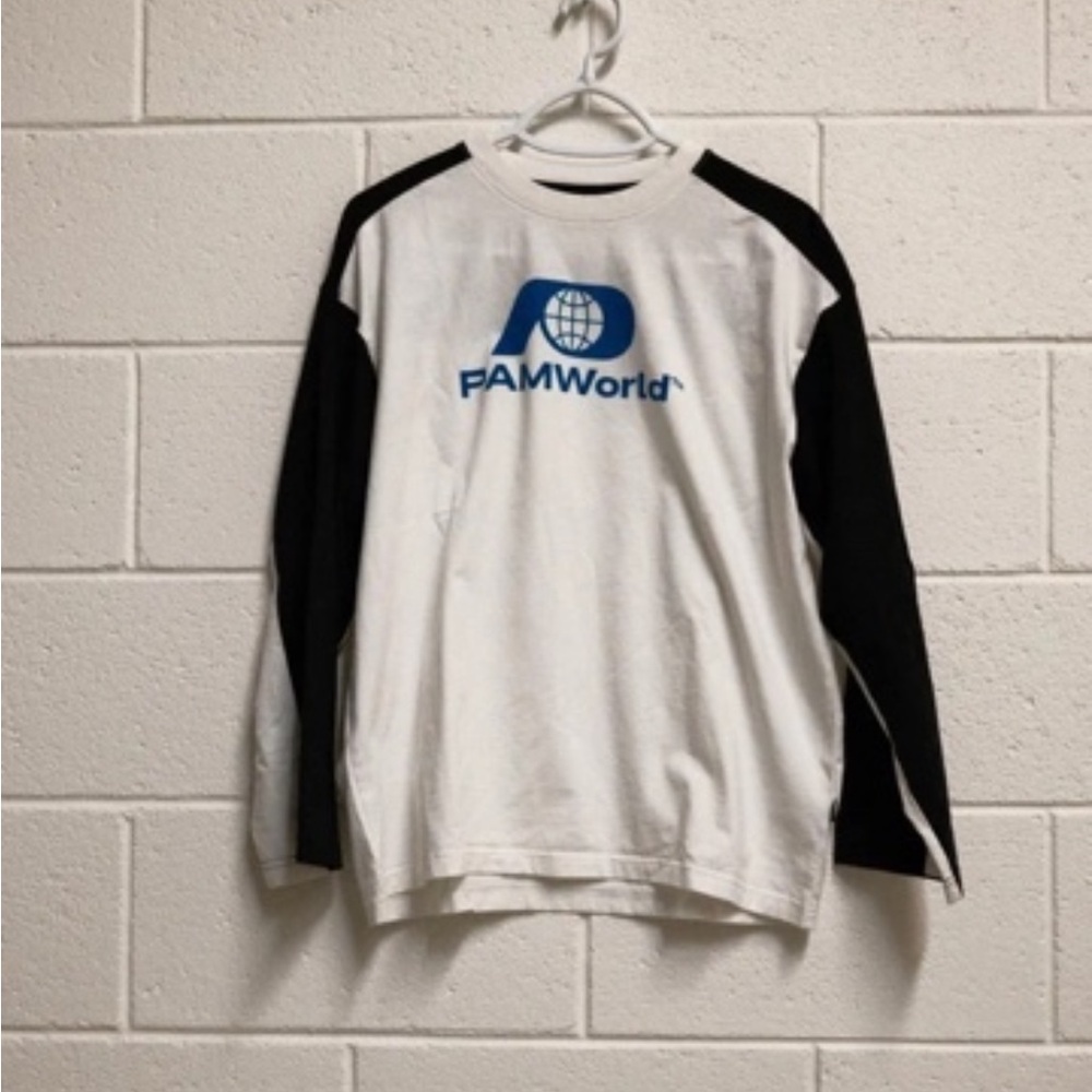 Perks and Mini White Raglan Tee with Black Sleeves and Blue Logo